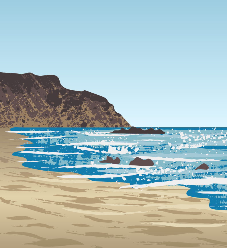 An illustration of a sandy beach width glistening blue water, rockys peaking out from the water, and rocky cliffs in the background